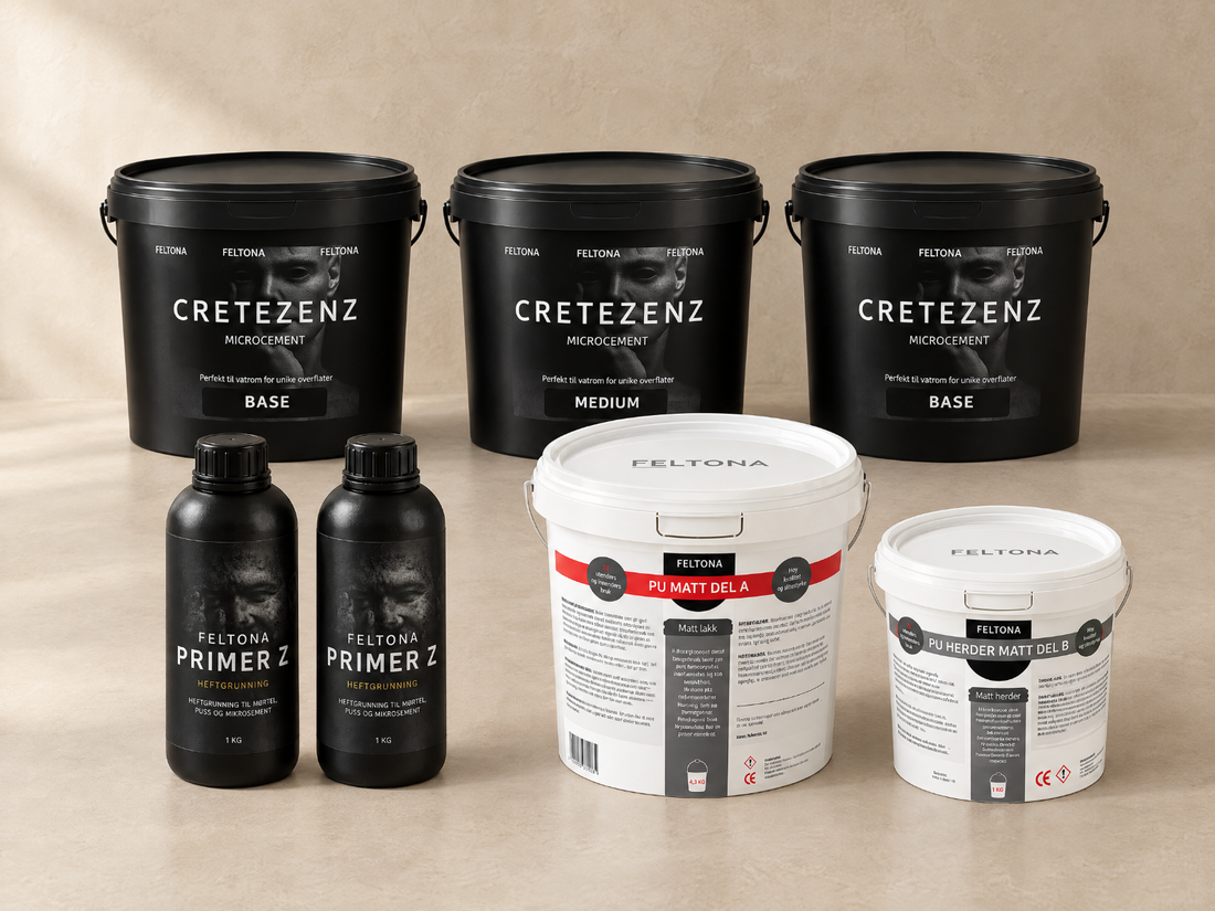 Illustrasjon: Feltona Cretezenz pakkeløsning 11-13 m² - 2 × Primer Z 1 kg, 2 × Cretezenz Base 12 kg, 1 × Cretezenz Medium 12 kg, 1 × PU Matt lakk 4,3 kg (A+B).
