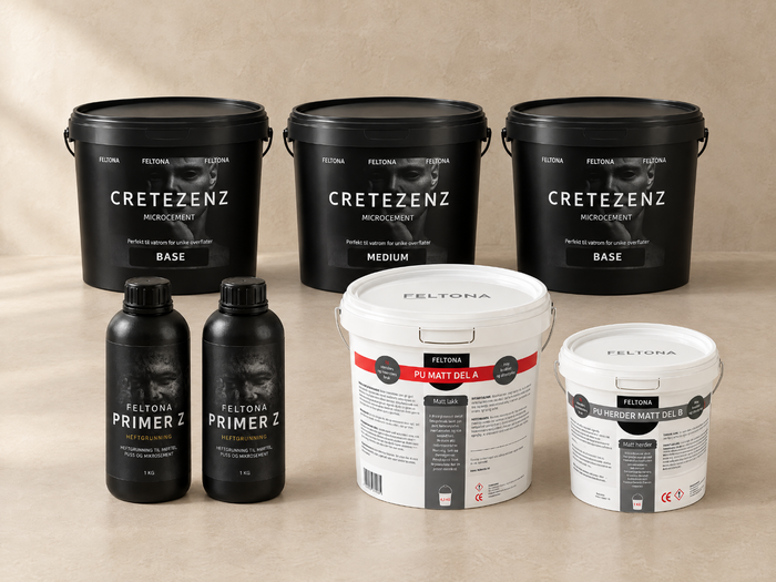 Illustrasjon: Feltona Cretezenz pakkeløsning 11-13 m² - 2 × Primer Z 1 kg, 2 × Cretezenz Base 12 kg, 1 × Cretezenz Medium 12 kg, 1 × PU Matt lakk 4,3 kg (A+B).
