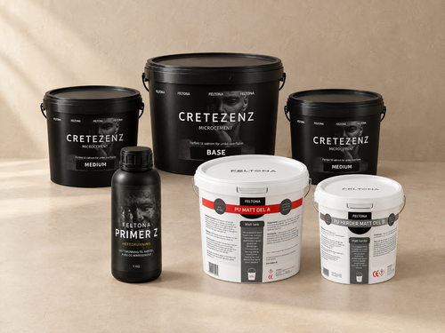 Illustrasjon: Feltona Cretezenz pakkeløsning 4-5 m² - 1 × Primer Z 1 kg, 1 × Cretezenz Base 12 kg, 2 × Cretezenz Medium 4 kg, 1 × PU Matt lakk 2 kg (A+B).
